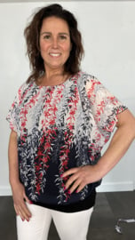 Blouse met boord RODE bloesem tak wit/ marine