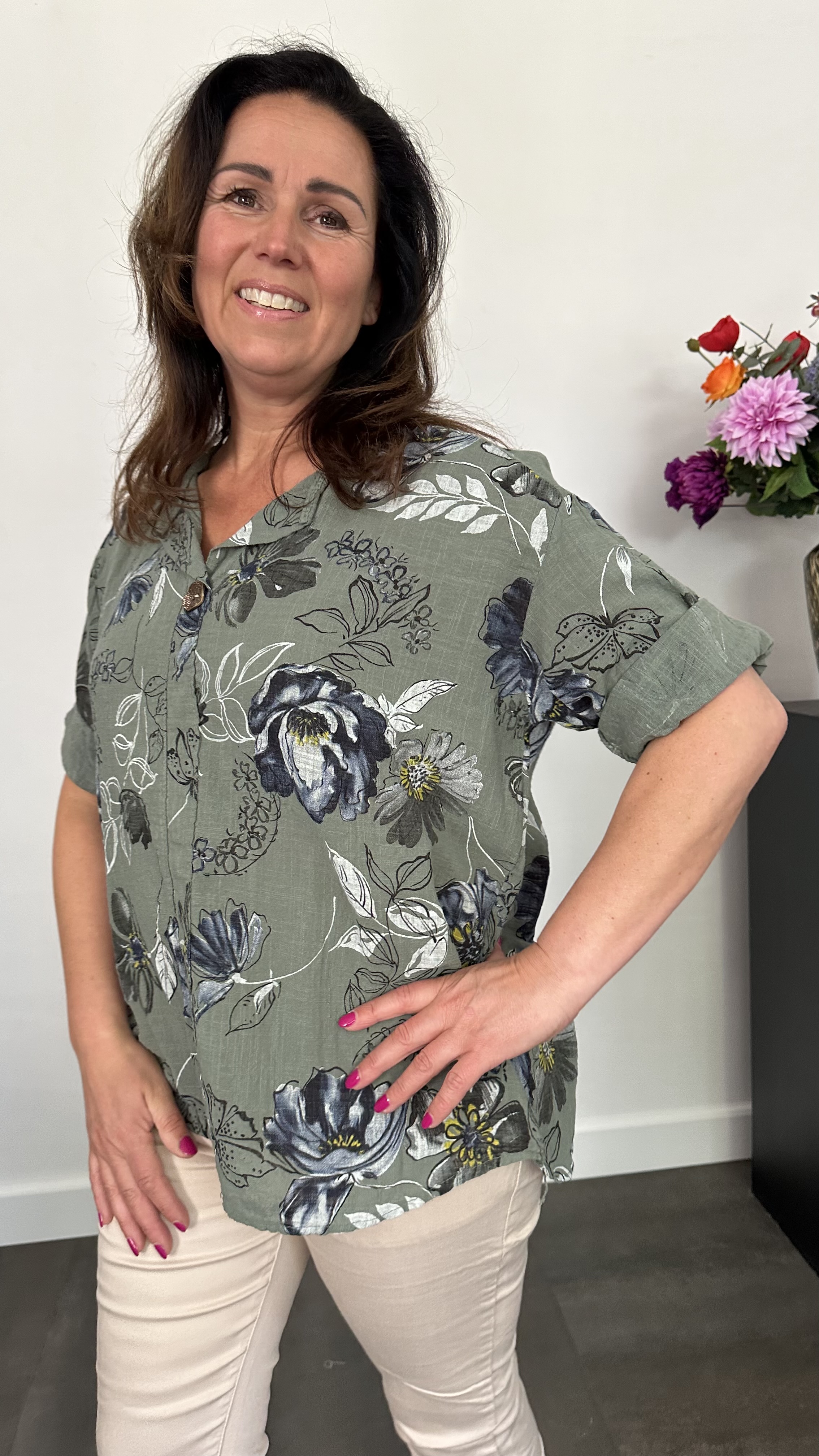 Linnenlook blouse gebloemd army