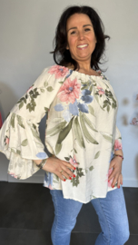 Blouse gebloemd met trompet mouw Zand