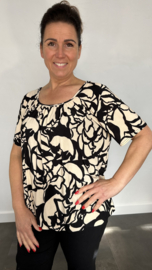 Ballon shirt met elastiek flowers ecru zwart
