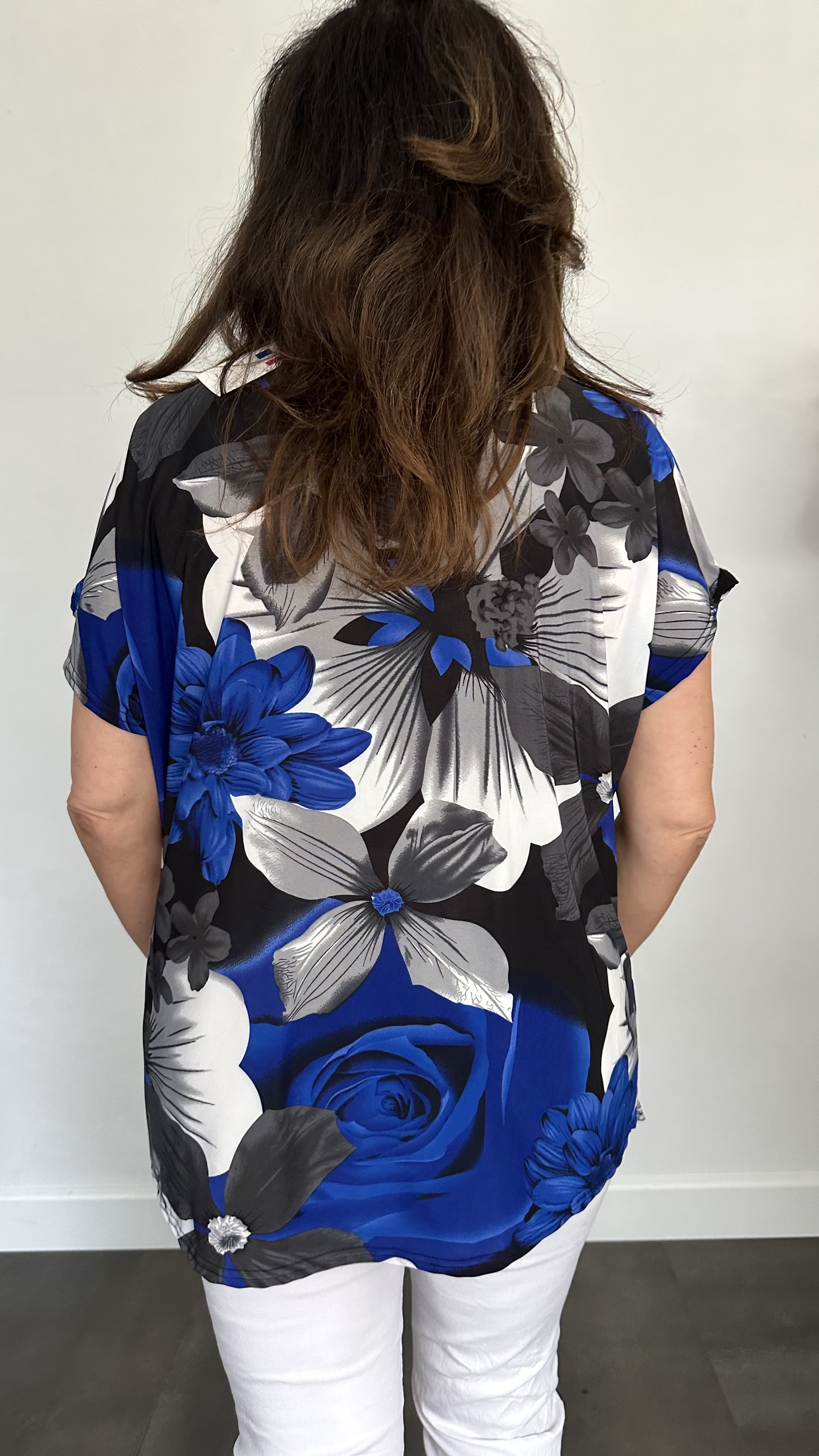 Shirt Zipp gebloemd kobalt