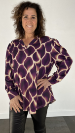 Velvet shirt met v-hals en pofmouw giraffe +SIZE paars