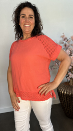 Linnenlook shirt met gehaakt kant Koraal