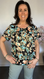 Ballon shirt met elastiek gebloemd turquise/ peach