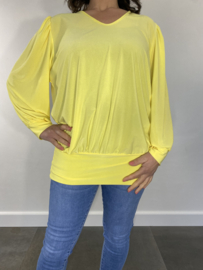 Shirt met brede elastische boord, v-hals en pofmouw travel geel