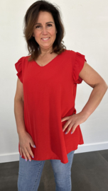 Top brigitte met ruche en kant rood