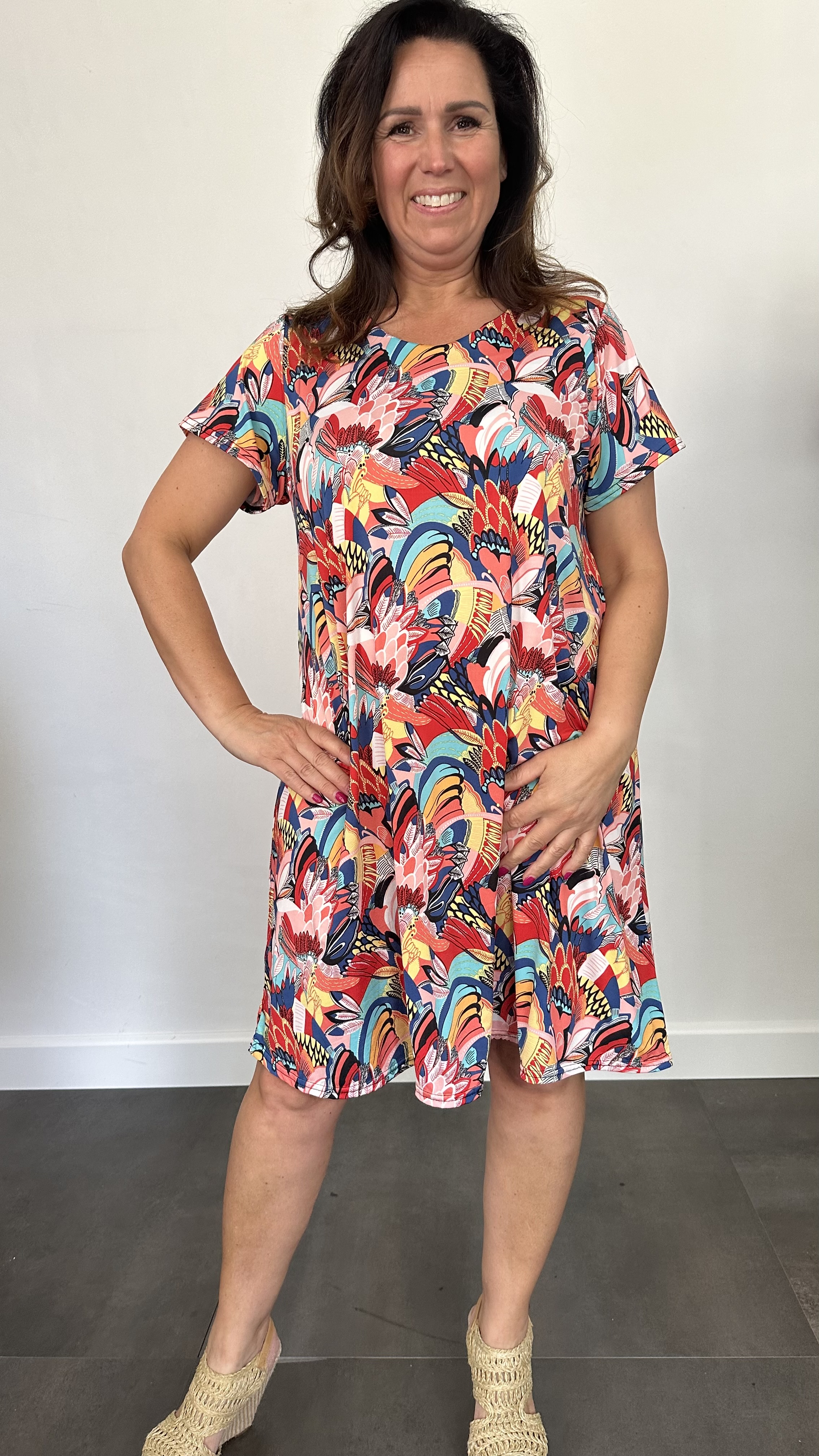 Jurk Dorena peacock tails rood/blauw