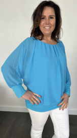 Blouse met boord lange mouw turquoise