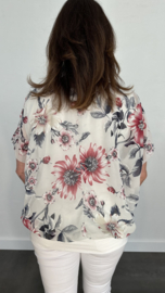 Blouse met boord bloemen ecru/ fuchsia +SIZE extra