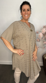 Broderie tuniek met knoop Taupe