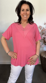 Ribbel shirt met kanten V-hals Fuchsia