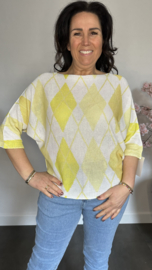 Fijn gebreide trui met vleermuis mouw Ruit geel