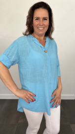 Linnenlook blouse met knoop turquoise