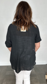 Linnenlook blouse met knoop zwart