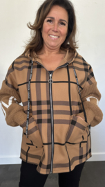 Geruit vest met gebreide mouw en capuchon cognac