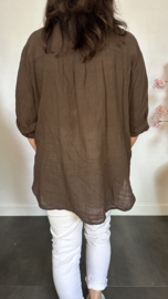 Linnenlook blouse met knoop choco