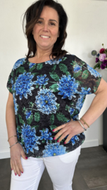 Kanten ballon blouse Roos zwart/blauw