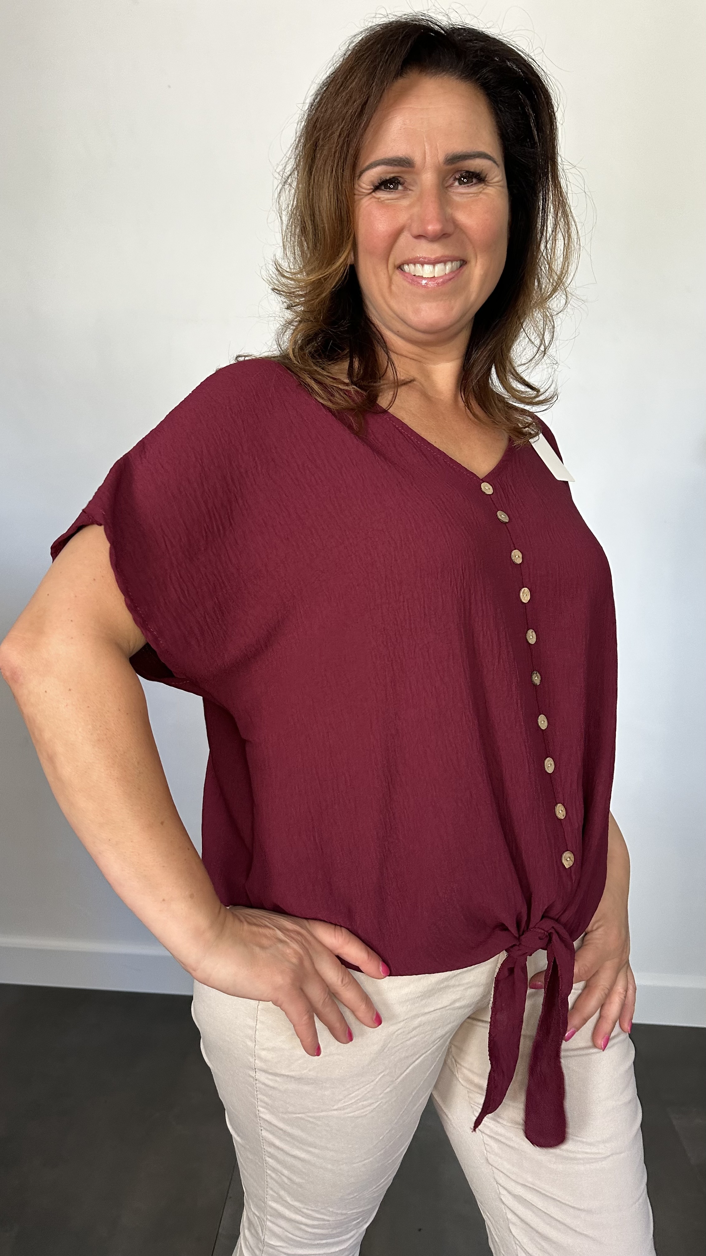 Crepe shirt met knoop bordeaux