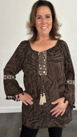 Top met flared mouw tijger donker bruin