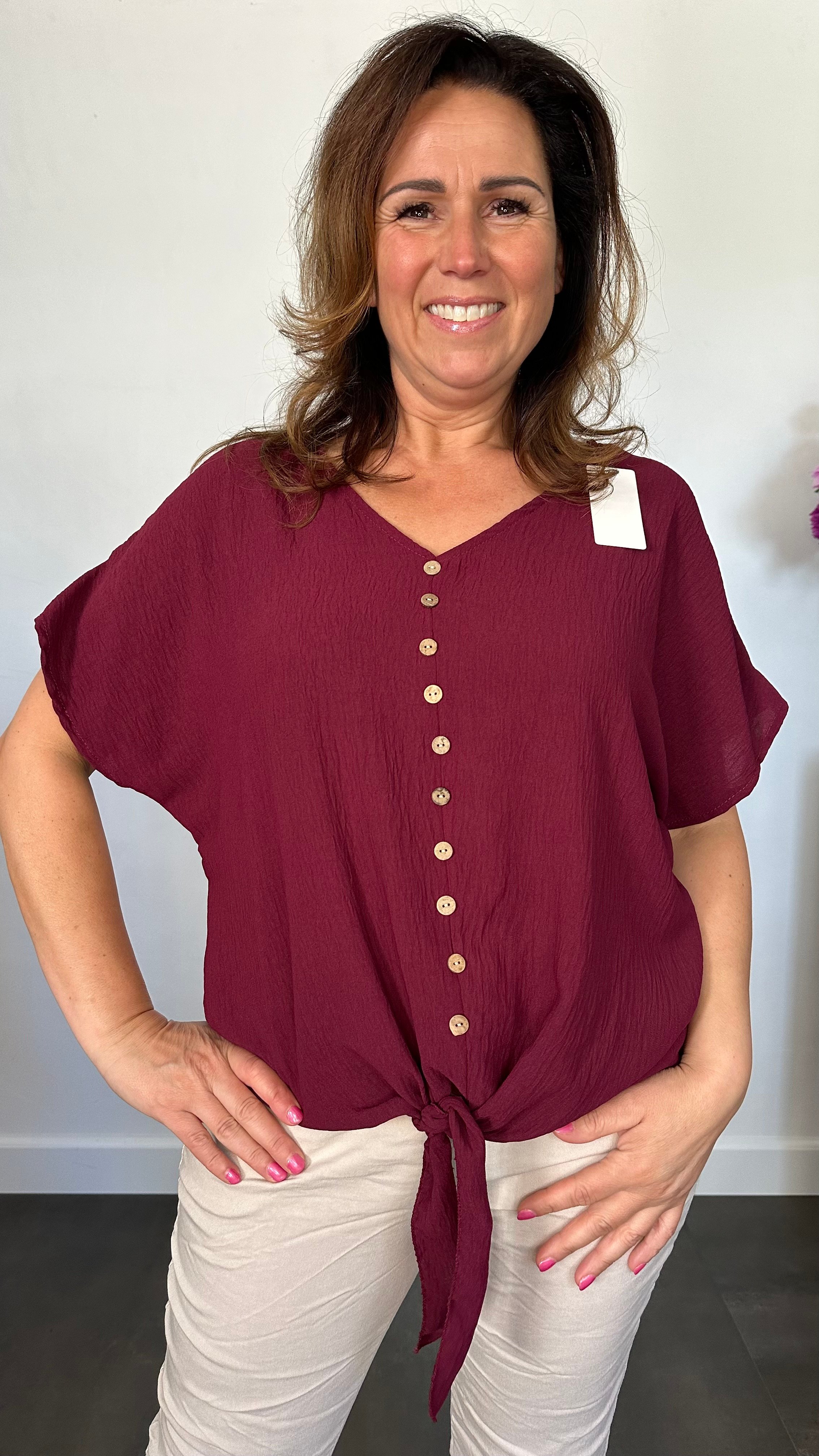 Crepe shirt met knoop bordeaux