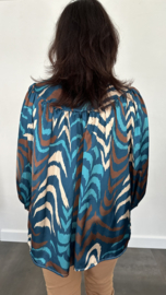 Satijnen blouse met pofmouw tijger petrol