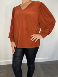 Shirt met v-hals en pofmouw travel cognac