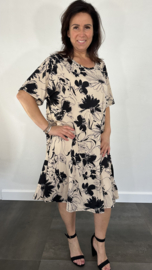 A-lijn jurk bloemen zwart /zand +SIZE