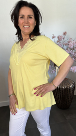 Ribbel shirt met kanten V-hals Geel