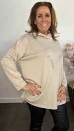 Sweater met capuchon/ glitter hart Zand