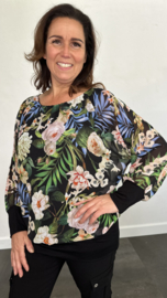 Blouse met boord palm roos kobalt/groen