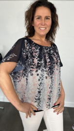 Blouse met boord ROZE bloesem tak marine/ wit