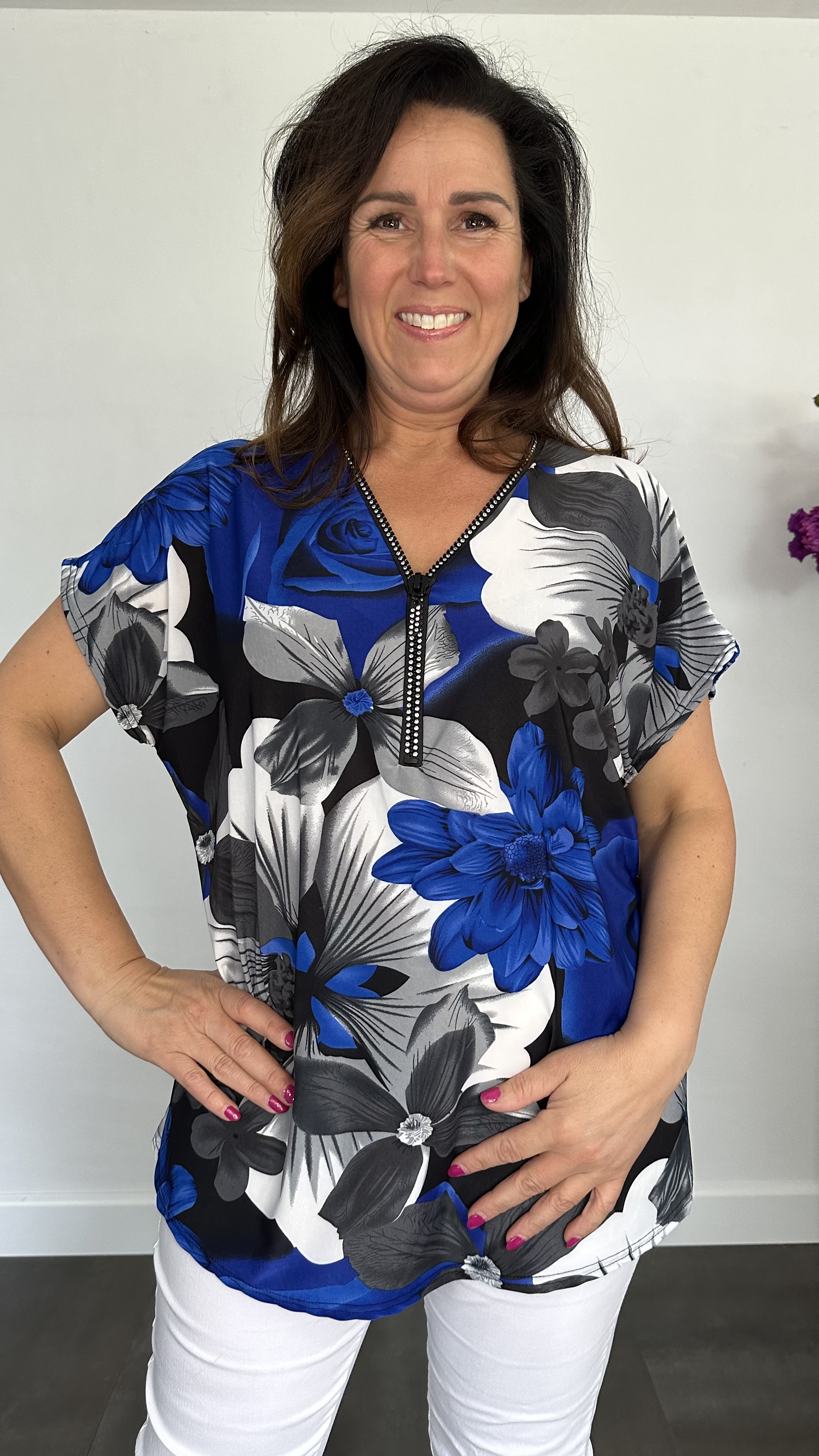 Shirt Zipp gebloemd kobalt
