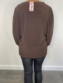 Shirt met v-hals en pofmouw travel donker bruin SALE