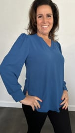 Crepe blouse met v-hals en pofmouw petrol