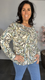 Ballon shirt met elastiek Palm veer wit /groen/turquoise