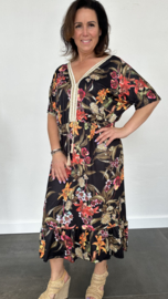 Jurk met elastiek in de taille (soft) gebloemd zwart