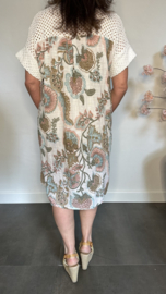 Linnenlook jurk met gehaakt kant Gebloemd Wit