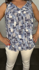 Ballon top met V-hals Patchwork blauw/blauw
