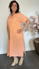 Linnenlook jurk met gehaakt kant Peach