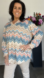 Soft shirt met v-hals en pofmouw Zig zag turquoise/camel