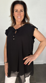 Voile blouse met ruche en kant zwart +SIZE