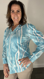 Velvet shirt met v-hals en pofmouw marble turquoise