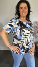 Ballon shirt met elastiek Palm Leaves blauw/wit
