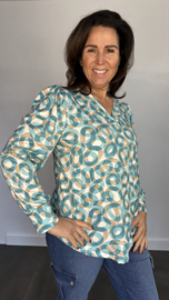 Soft shirt met v-hals en pofmouw cirkels turquoise
