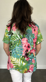 Ballon shirt met elastiek jungle flower pink (+size)