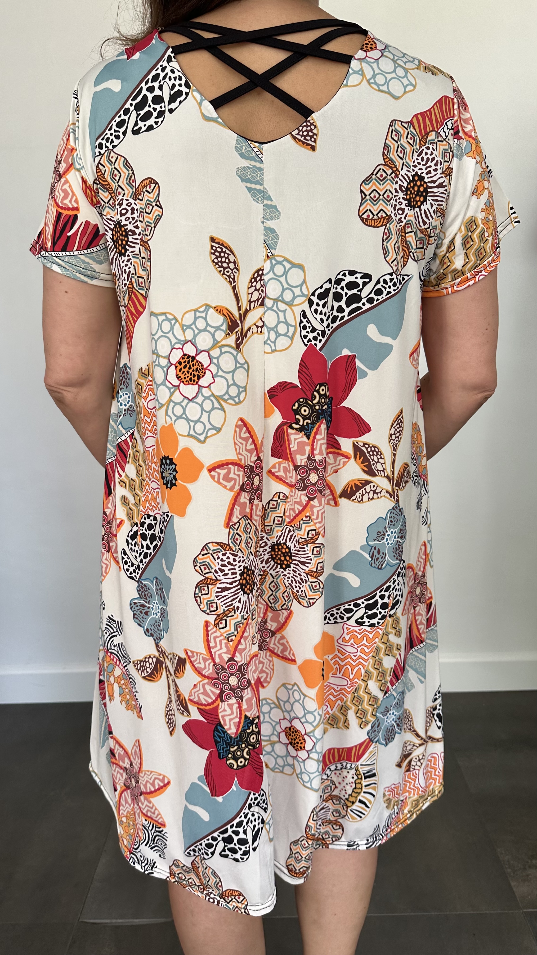 Jurk Dorena bloemen ecru oranje