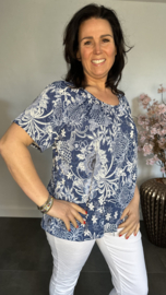 Ballon shirt met elastiek Barok bloemen jeans/wit