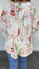 Lange blouse met gesmokte mouw flowers ecru SALE