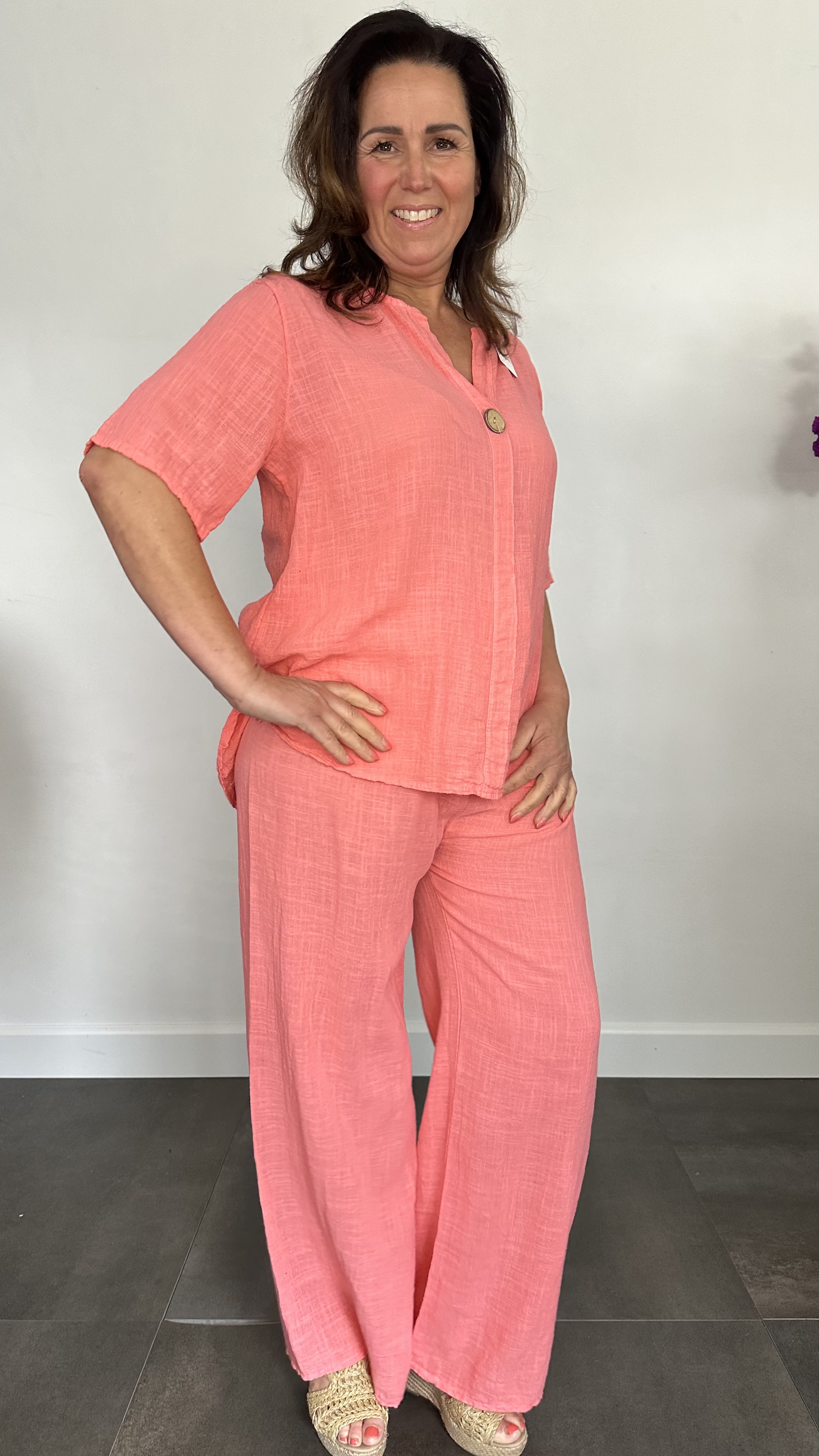 2-Delig linnenlook pak koraal