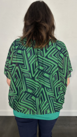 Blouse met boord labyrinth zilver spot marine/groen